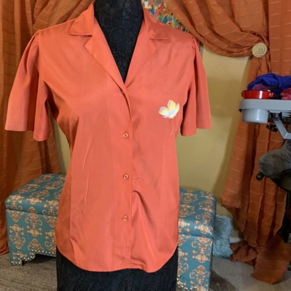 🔵 VTG Jones New York Silk like peach orange blouse hand painted small - Picture 3 of 14